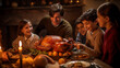 family father and child eat turkey roast in thansgiving and christmas day