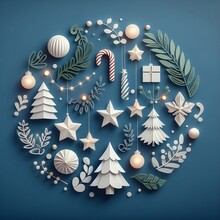 Winter Blue Christmas Background  Xmas Modern Design Set In Paper Cut Style With Christmas Tree Pine Branches Usable For Social Media, Banner Space For Copy Created With Generative Ai