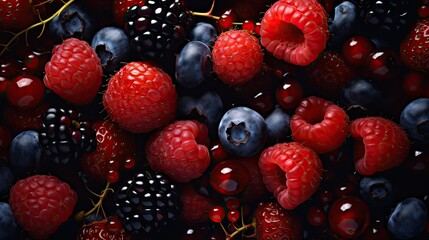 Sticker -  berries, raspberries, blueberries and raspberries are arranged in a close up pattern on a black background.  generative ai