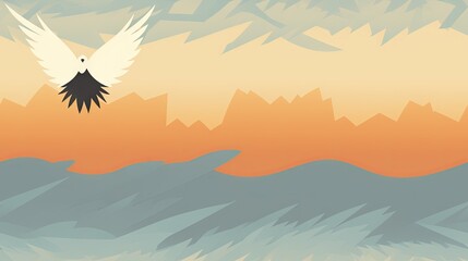 Poster -  a painting of a bird flying over a mountain range with a sunset in the background and mountains in the foreground.  generative ai