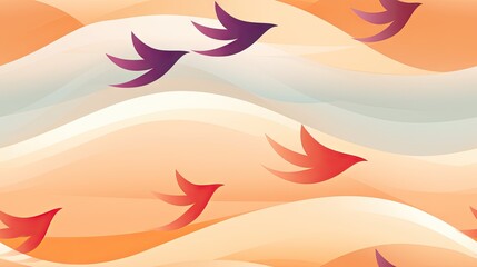 Poster -  a group of birds flying in the air over a wave of sand and water with orange and blue waves in the background.  generative ai