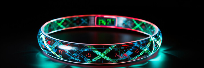 Wall Mural - A Möbius strip made of reflective chrome, lit with neon lights showing integral signs, equations and Greek letters reflected in its surface