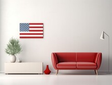 Minimalist Interior With An American Flag On The Wall And A Leather Red Sofa.