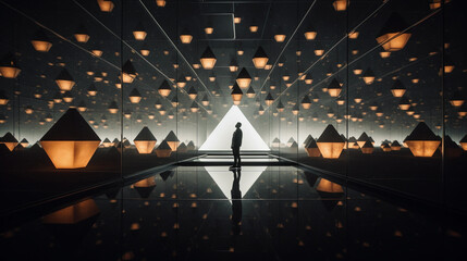Wall Mural - infinity mirror room filled with floating, glowing geometric shapes, subtle mist, dark atmosphere, l