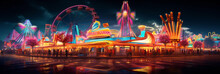 Neon-lit Amusement Park At Night, Dazzling Light Trails From The Rides, Colorful Fireworks In The Sky, Kids Winning Prizes At The Carnival Games