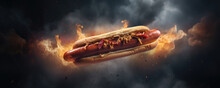 Hot Dog In Fly Against Black Background. Copy Space For Your Text.