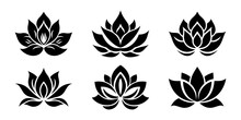 Lotus Flower Logo. Set Of Black Lotus Logo. Vector Illustrations Isolated On White Background. Can Be Used As Icon, Sign Or Symbol - For Yoga And Meditation, For Spa Salon. Lotus Silhouette.