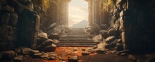 A Towering Stone Gate With Steps Leads Toward Some Rocks Generative AI