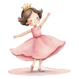 Little Pink Princess, Cute Hand Painted Style, Childish Watercolor Drawing, Fairy Tale Fantasy, Dancing little Girl, Generative AI	