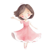 Little Pink Princess, Cute Hand Painted Style, Childish Watercolor Drawing, Fairy Tale Fantasy, Dancing Little Girl, Generative AI	