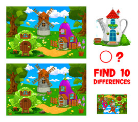 Poster - Find ten differences of cartoon fairytale house buildings, kids game quiz or vector puzzle. Fairy tale dwellings and gnome or fairy houses in cabbage, eggplant and mill on kids puzzle worksheet