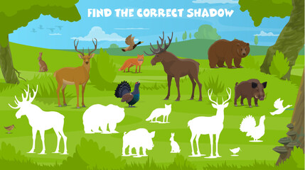 Aufkleber - Find correct shadow of forest hunting animals, vector kids quiz worksheet. Wild bear, fox and ducks with grouse, hare and partridge or boar on find and match same silhouette riddle game or puzzle