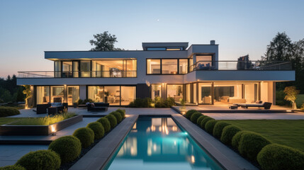 grande villa d'architecte moderne et luxueuse avec piscine et jardin paysager le soir avec illumination intérieure