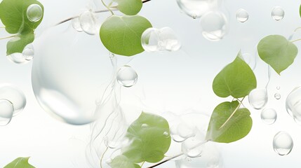 Wall Mural -  a close up of a bunch of water bubbles and a plant with a green leaf in the middle of it.  generative ai