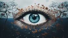 An Artistic Concept Of A Blue Eye Surrounded By Trees And Leaves As Eyelids