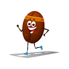 Poster - Cartoon happy running coffee bean character. Coffeeshop or street cafe hot drink isolated vector childish personage. Coffee bean jogging or running marathon comical mascot