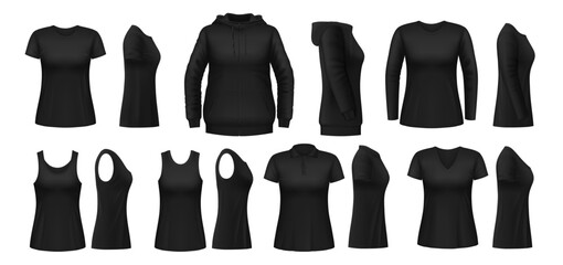 Wall Mural - Black woman shirt, hoodie and polo mockups, vector female sport and uniform clothes. Realistic 3d women sleeveless top tank, long sleeve t-shirt, sweatshirt, hoodie and polo, front and side view