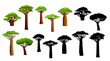 African baobab trees and silhouettes. Isolated vector set of majestic and ancient plants, stand tall with their iconic swollen trunks and spreading branches, symbolizing resilience in arid landscapes