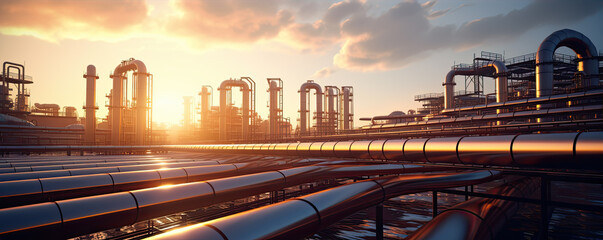 steel long gas or oil pipes in factory against sunset light. copyspace for your text.