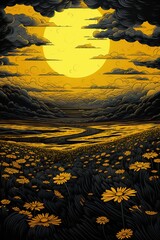 Poster - a field of flowers and clouds