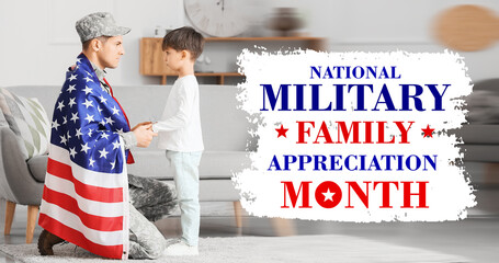 Wall Mural - Soldier and his little son with USA flag at home. National Military Family Appreciation Month - November