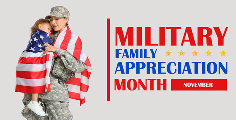 Sticker - Female soldier and her little daughter with USA flag on light background. National Military Family Appreciation Month - November