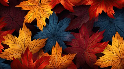 Wall Mural -  a bunch of different colored leaves on a black background with red, yellow, and blue leaves in the center.  generative ai