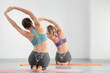 © Pixel-Shot - Sporty young women doing yoga in gym. Concept of healthy spine