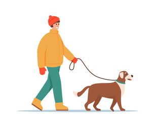 Wall Mural - Young man in warm clothes walking with dog. Guy with cute dog on leash in winter cold weather. Pet and owner together. Vector flat illustration isolated on white background.