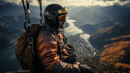  a man with a helmet and goggles sitting on top of a mountain with a view of the valley below.  generative ai