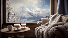  Two Cups Of Coffee Sit On A Table In Front Of A Window With A View Of A Snowy Mountain Range.  Generative Ai