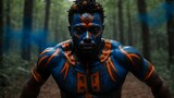 Fototapeta  - Portrait of a man with tribal face paint, indigenous tribe man, traditional painted faces, vibrant face paint, Afrofuturism style.