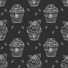 Wall Mural - Seamless pattern, hand drawn outline cupcakes and coffee beans. Print, cafe menu background, vector