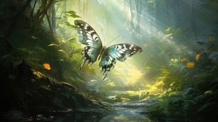  a painting of a butterfly flying in the air over a stream in a lush green forest with yellow flowers in the foreground.  generative ai