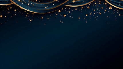 Wall Mural - Christmas and New Year festive background. Golden stars and gilded ribbons on Navy blue background with copy space for text.