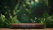 Wooden podium in tropical forest for product presentation and green background, wooden podium, product display placement, copy space, 