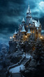 Burg im Mittelalter im Außenbereich Nachts beleuchtet mit viel Schnee
