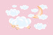 3D baby shower. Sheep sleep on a cloud with a growing moon with clouds on a pink background. Children's design in pastel colors. Background, illustration, vector.