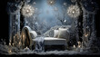 artdeco oder baroque Sofa mit großem opulentem Kronleuchter und Kerzen und weihnachtlicher Dekoration