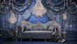 artdeco oder baroque Sofa mit großem opulentem Kronleuchter und Kerzen und weihnachtlicher Dekoration