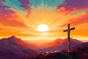 Wall Mural - Holy cross symbolizing the death and resurrection of Jesus Christ shrouded in light and clouds at sunset