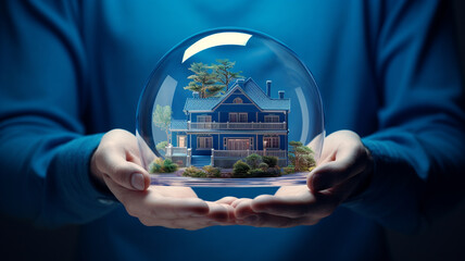 Wall Mural - real estate or home. a man holding a house with palm in the hand