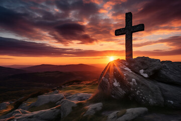 Wall Mural - Holy cross symbolizing the death and resurrection of Jesus Christ shrouded in light and clouds at sunset