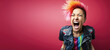 Young woman with colourful dyed hair, punk style, screaming or shouting, surprised look. Wide banner copy space on side. Generative AI