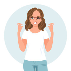 Aggressive woman with angry expression gesturing with her hands. Human emotions. Flat style illustration, vector