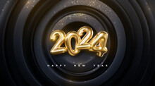 Happy New 2024 Year. Vector Holiday Illustration Of Golden Numbers 2024 On Black Radial Background