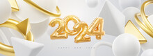 Happy New Year 2024 Golden Foil Balloons And Flowing 3d Geometric Shapes On White Background.