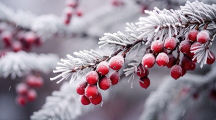Frozen tree Branch background. Hello winter concept. Frost snow covered branches. snowy hoarfrost forest close-up Wallpaper, poster. Beautiful Amazing nature scene. Winter wonderland. Idyllic nature..
