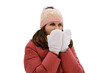 © Андрей Журавлев - Portrait of an adult woman in a winter jacket against the background of snowy nature, isolated on white background. A woman holds warm mittens to her face for warmth