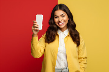 Smiling surprised, young brunette woman 20s wearing casual yellow sweater standing hold mobile cell phone with blank empty screen